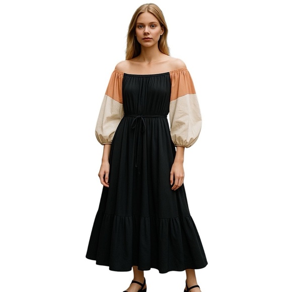 Staud Juliet Colorblock Off The Shoulder Cotton Bubble Hem Puff Sleeve Dress S - Picture 2 of 13